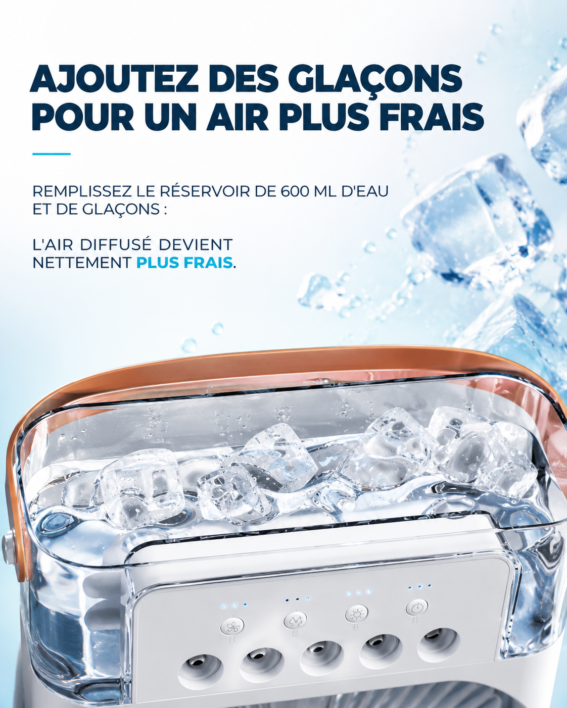 Ventilateur Rafraîchisseur d'Air 3-en-1 : Humidificateur + Veilleuse LED 7 couleurs (réservoir 600 ml)