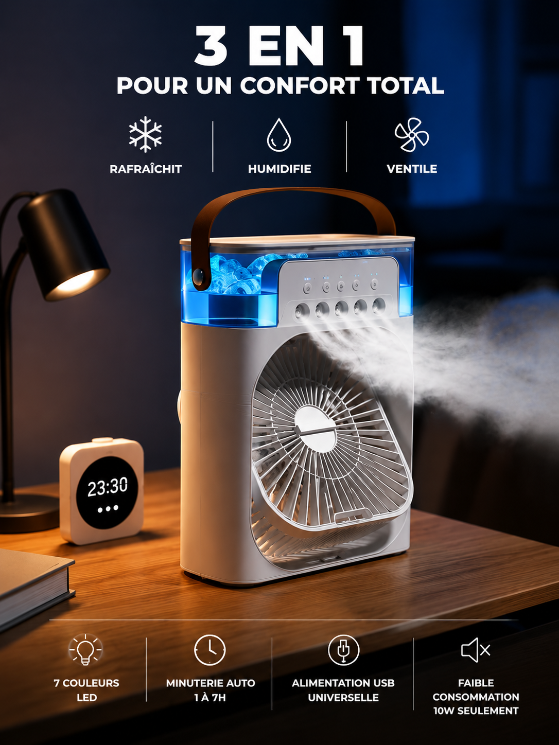 Ventilateur Rafraîchisseur d'Air 3-en-1 : Humidificateur + Veilleuse LED 7 couleurs (réservoir 600 ml)