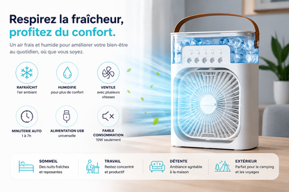 Ventilateur Rafraîchisseur d'Air 3-en-1 : Humidificateur + Veilleuse LED 7 couleurs (réservoir 600 ml)
